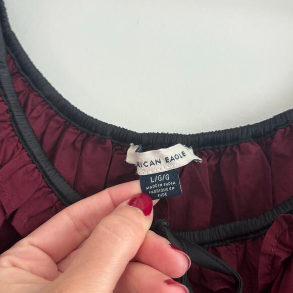 American Eagle Long-Sleeve Ruched Poplin Blouse Red Sz L Prarie Vamp Milkmaid - Picture 10 of 12